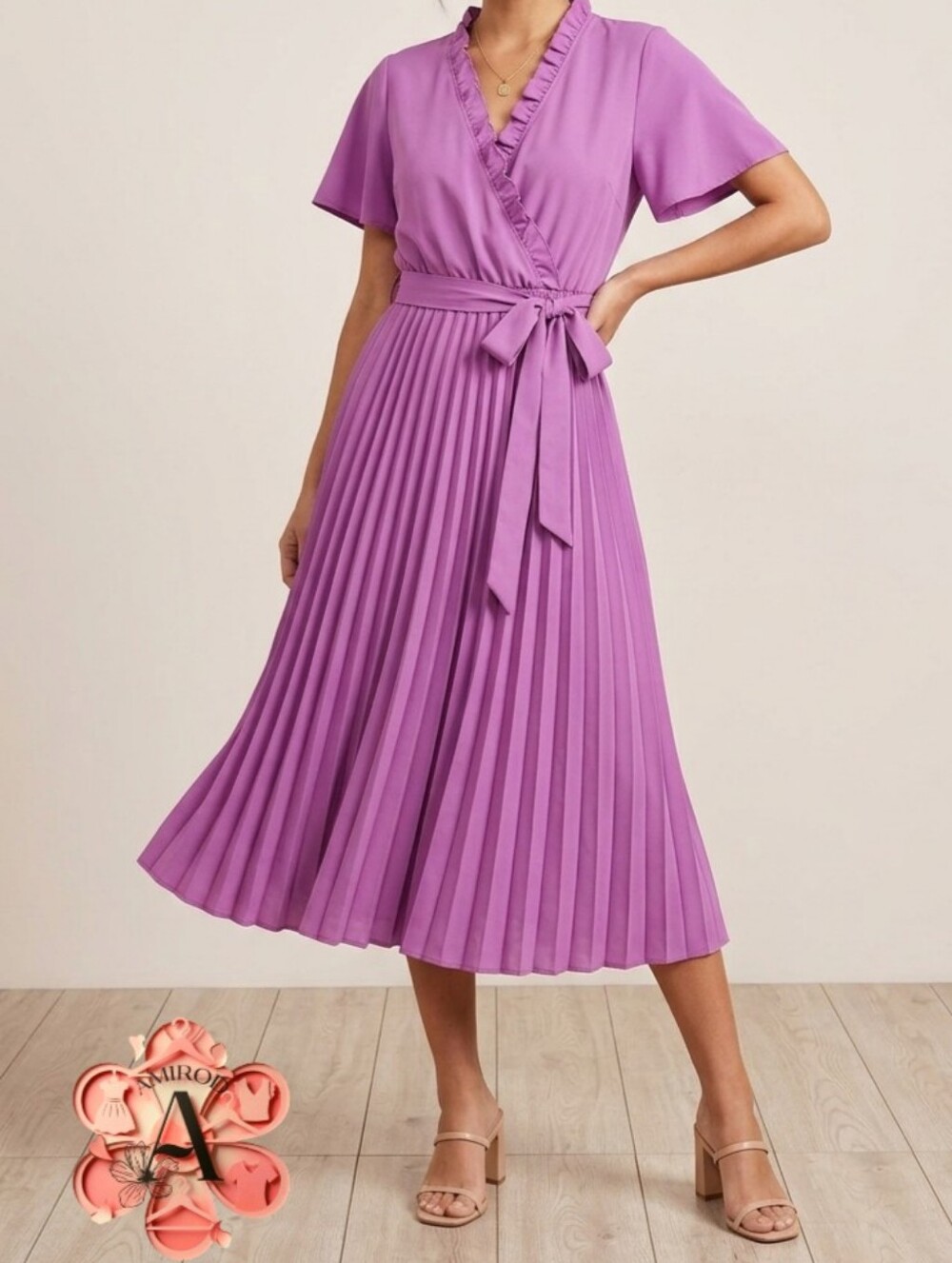 2x1 BOGO SHEIN Purple Ruffle V-Neck Pleated Midi Dress Flutter Sleeve Belted
